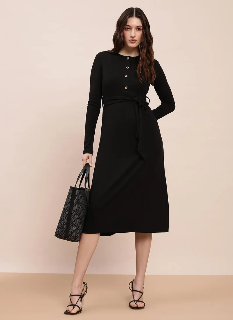 globus Globus Women Black Self-Design Rib Round Neck Long Sleeves Belted A-Line Midi Dress